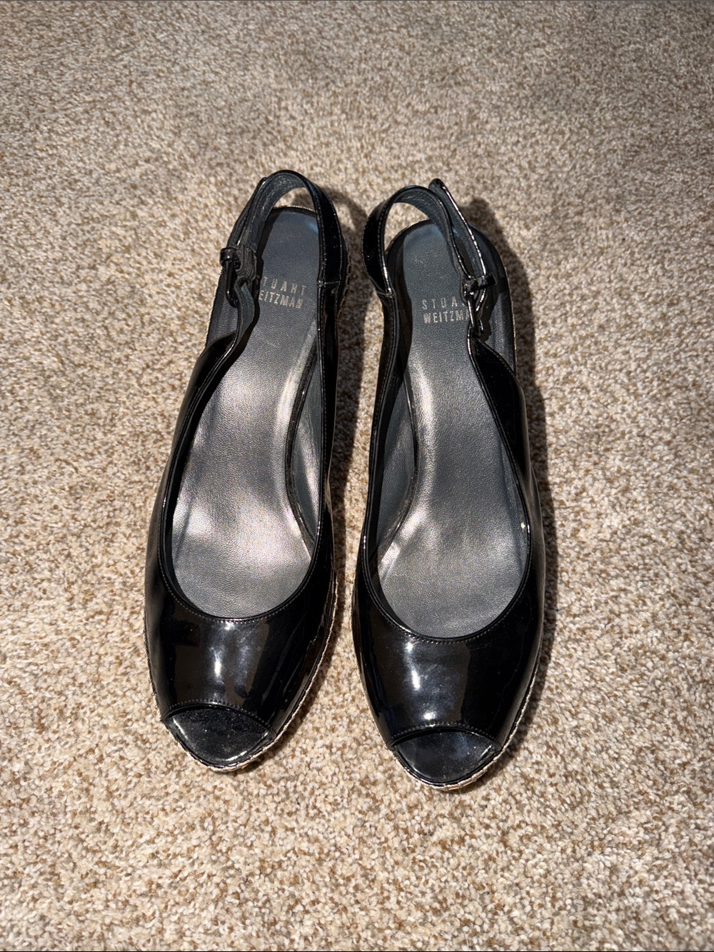 STUART WEITZMAN JEAN BLACK PATENT LEATHER SLINGBACK PEEP-TOE CORK WEDGE SANDALS - Picture 4 of 8